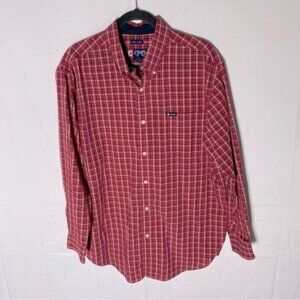 Chaps Easy Care Red Tan Plaid Long Sleeve Casual Button Up Shirt M